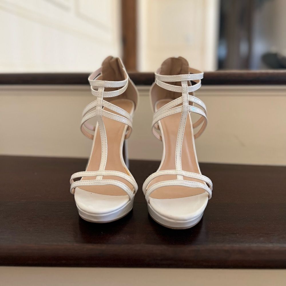 White Strappy Zip Up Heels Platforms